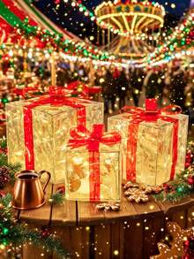 Set Of 3 Christmas 60 LED Lighted Gift Boxes, Transparent Warm White Lighted Christmas Box Decor, Presents Boxes With Red Bows For Christmas Tree, Yard, Home, Christmas Decorations