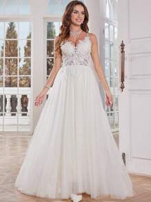 Elasola 优雅V领蕾丝婚纱，露背细肩带薄纱新娘礼服，适合婚礼派对，透视上衣贴花系带露背婚礼正式礼服，适合新娘户外婚礼派对，女士礼服。 - 米色 - 查看 5