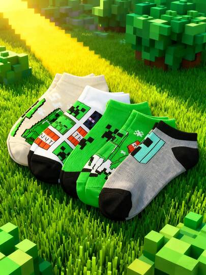 Minecraft 5/1 Pair Set Men's Socks - Men's Short Socks, Sandbox Element Socks, Home Wear Socks, Comfortable Sports Ankle Socks, Multi-Color Game-Themed Socks, Suitable For Parties & Gifting