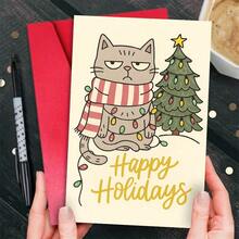 1pc Funny Christmas Card - Cute Scowling Cat With Red & White Scarf, Beige Background - Holiday Greeting Card For Friends, Family, Coworkers - Christmas Party, Office, Or Everyday Decoration - No Batteries Needed - Perfect Christmas Gift Idea, Festive Stationery, Whimsical Design, Durable Paper, Office Workers, White Christmas Cat Card,