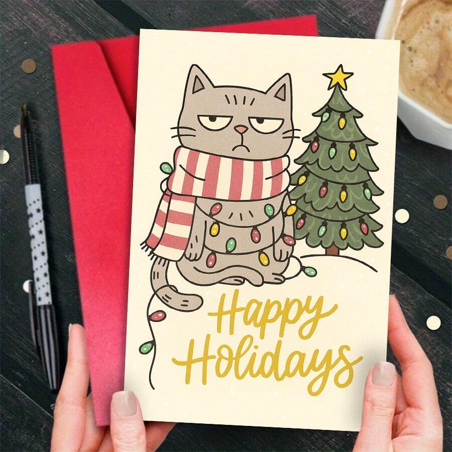 1pc Funny Christmas Card - Cute Scowling Cat With Red & White Scarf, Beige Background - Holiday Greeting Card For Friends, Family, Coworkers - Christmas Party, Office, Or Everyday Decoration - No Batteries Needed - Perfect Christmas Gift Idea, Festive Stationery, Whimsical Design, Durable Paper, Office Workers, White Christmas Cat Card,