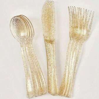 150pcs Gold Glitter Forks, Spoons Heavy Duty Flatware, Suitable For Weddings, Parties, Galas, Thanksgiving, Halloween, Christmas