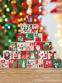 24 件/套复古圣诞降临节日历礼品盒，24 天倒计时圣诞牛皮纸礼品包装盒，卡通圣诞主题 DIY 纸板数字盒，适合送礼和家庭圣诞派对礼物节日礼物装饰 - 彩色 - 查看 4