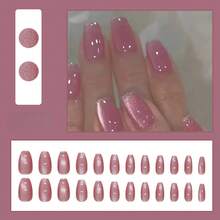 Halloween Best-Selling Homemade Cat-Eye Press-On Nails - Removable Nail Patches, Minimalist Style With Subtle Glitter On Tips (24 Pieces)
