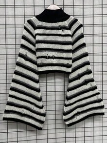 Áo len dệt kim cổ ngắn tay dài tay loe họa tiết sọc thời trang thu/đông cho nữ - Màu Xám nhạt - Xem 2