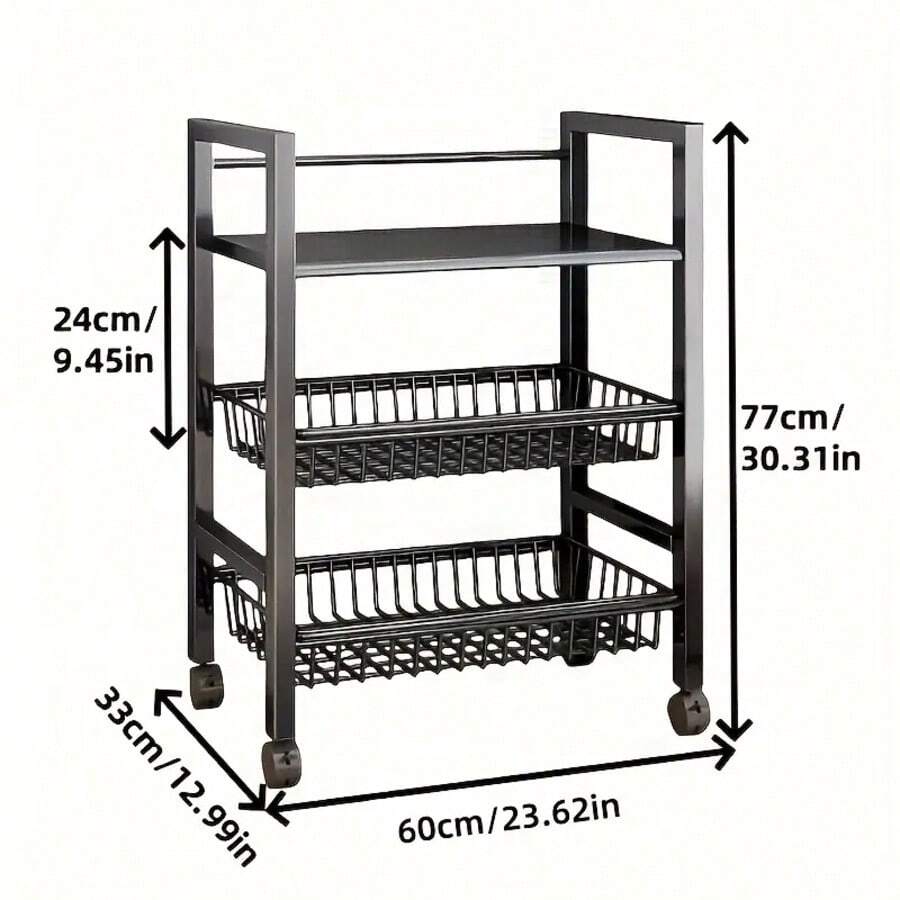 1pc Duty Adjustable Kitchen Storage Rack - Extra Tall Mobile Organizer With Locking Wheels, Space-Saving Stainless Steel Shelving For Kitchen, Pantry, Sturdy Construction, Durable Shelving Unit, Food Storage Room, Multifunctional Storage Rack - One Boards and Two Baskets - View 1