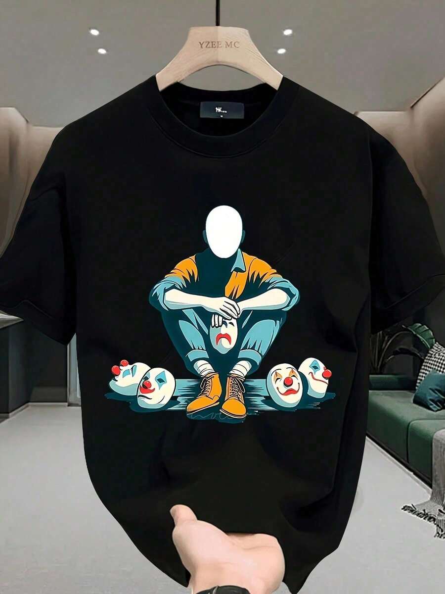 Camiseta Casual de Algodón para Hombre con Estampado de Payaso Vibrante - Manga Corta, Cuello Redondo, Ajuste Relajado, Estilo de Verano, Camiseta de Uso Diario | Camiseta Gráfica Animada | Camiseta de Ajuste Cómodo - Negro - Ver 1