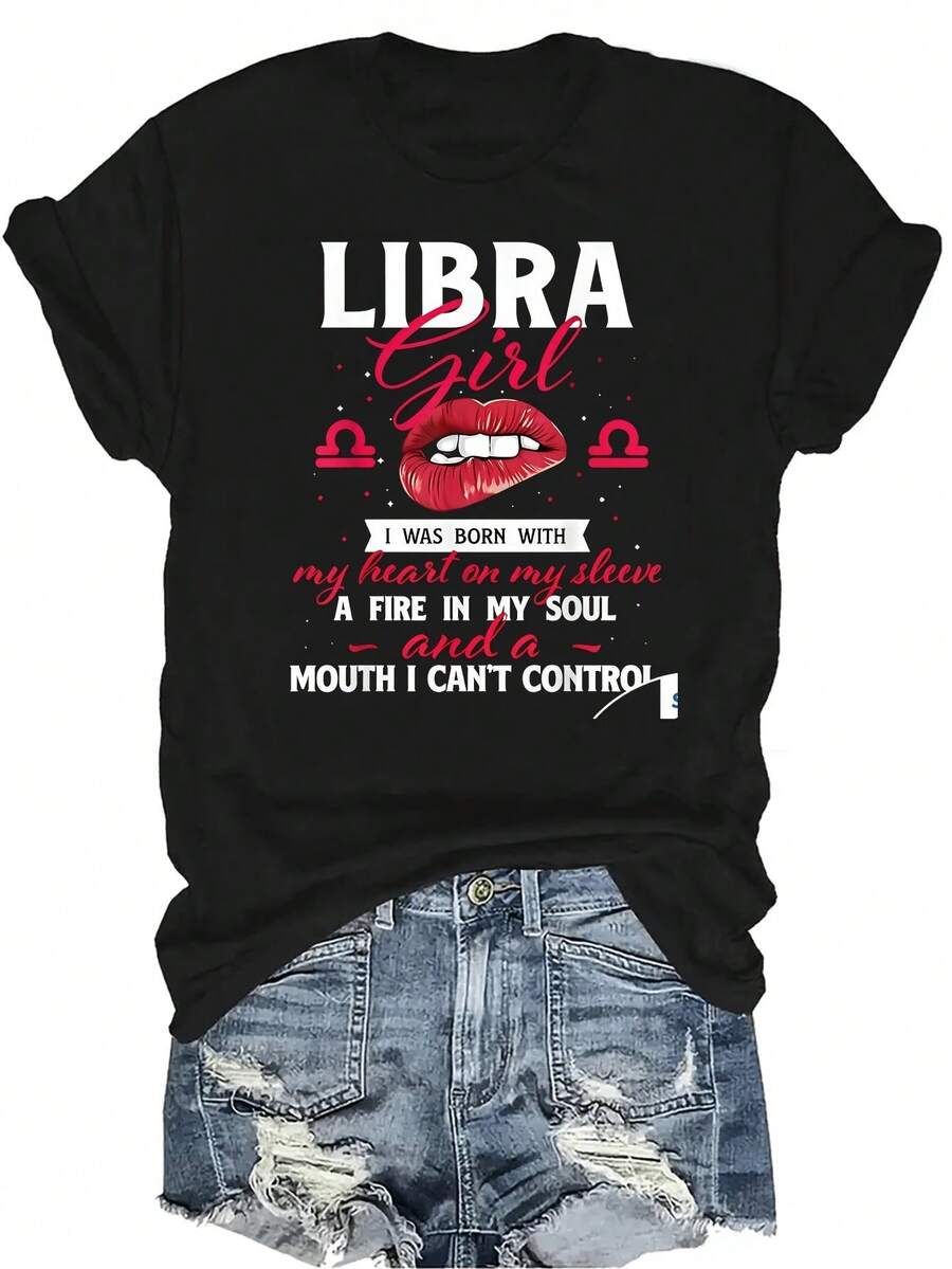 [Camiseta de Moda Casual] Camiseta de Mujer Suave y Cómoda - Labios Audaces de Libra Casual de Manga Corta Cuello Redondo, Regalo Perfecto para Abuela y Mamá, Uso Casual de Primavera y Verano - Negro - Ver 1