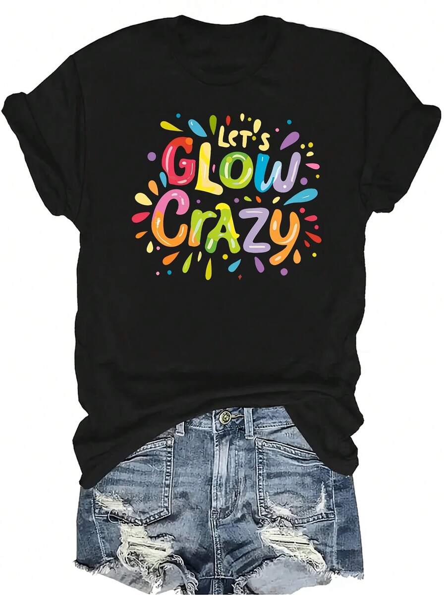 [Camiseta de Moda Casual] Camiseta de Mujer Suave y Cómoda - Estampado Divertido y Brillante Casual de Manga Corta Cuello Redondo, Regalo Perfecto para Abuela y Mamá, Uso Casual de Primavera y Verano - Negro - Ver 1