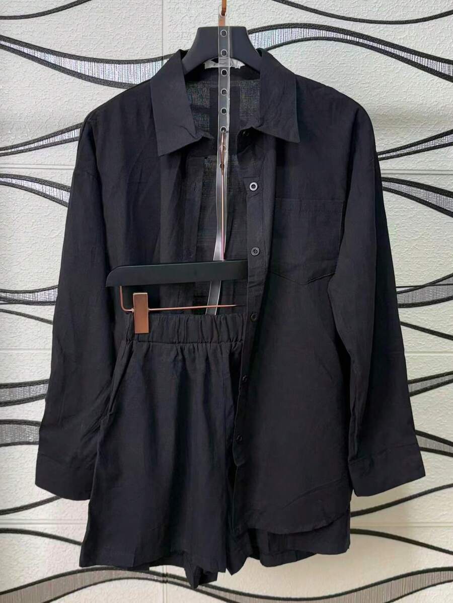 Imported Women's Linen Set / Button / Lining / / Women's - Black - View 1