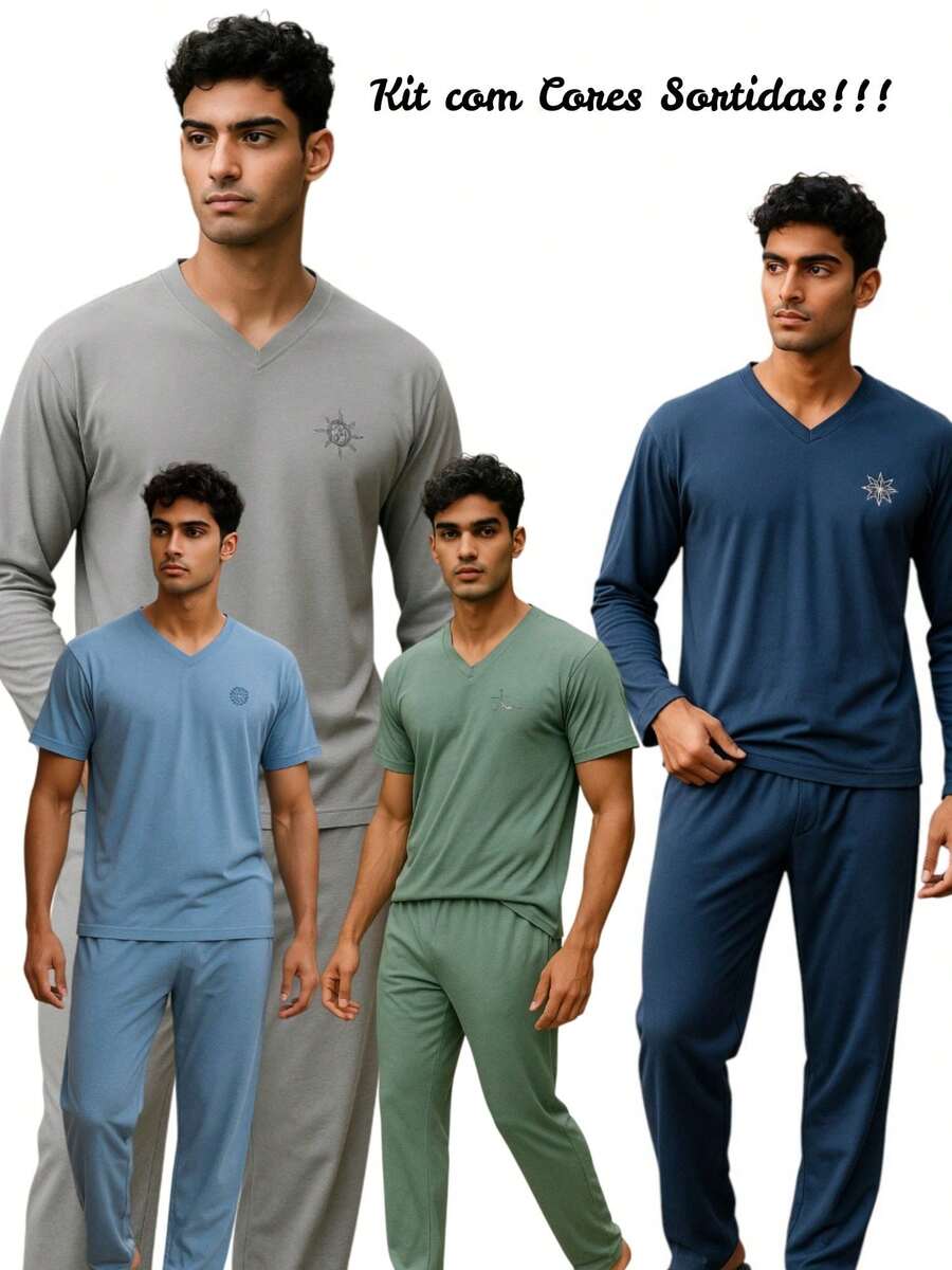 Kit With 2 Men's Winter Pajamas With Pants 1 Long Sleeve + 1 Short Sleeve Adult In Premium Mesh Assorted Colors - Nhiều màu - Xem 1