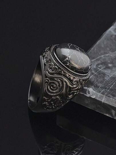 1件装 时尚黑色宝石高品质珠宝 316不锈钢戒指 经典黑色宝石男士戒指