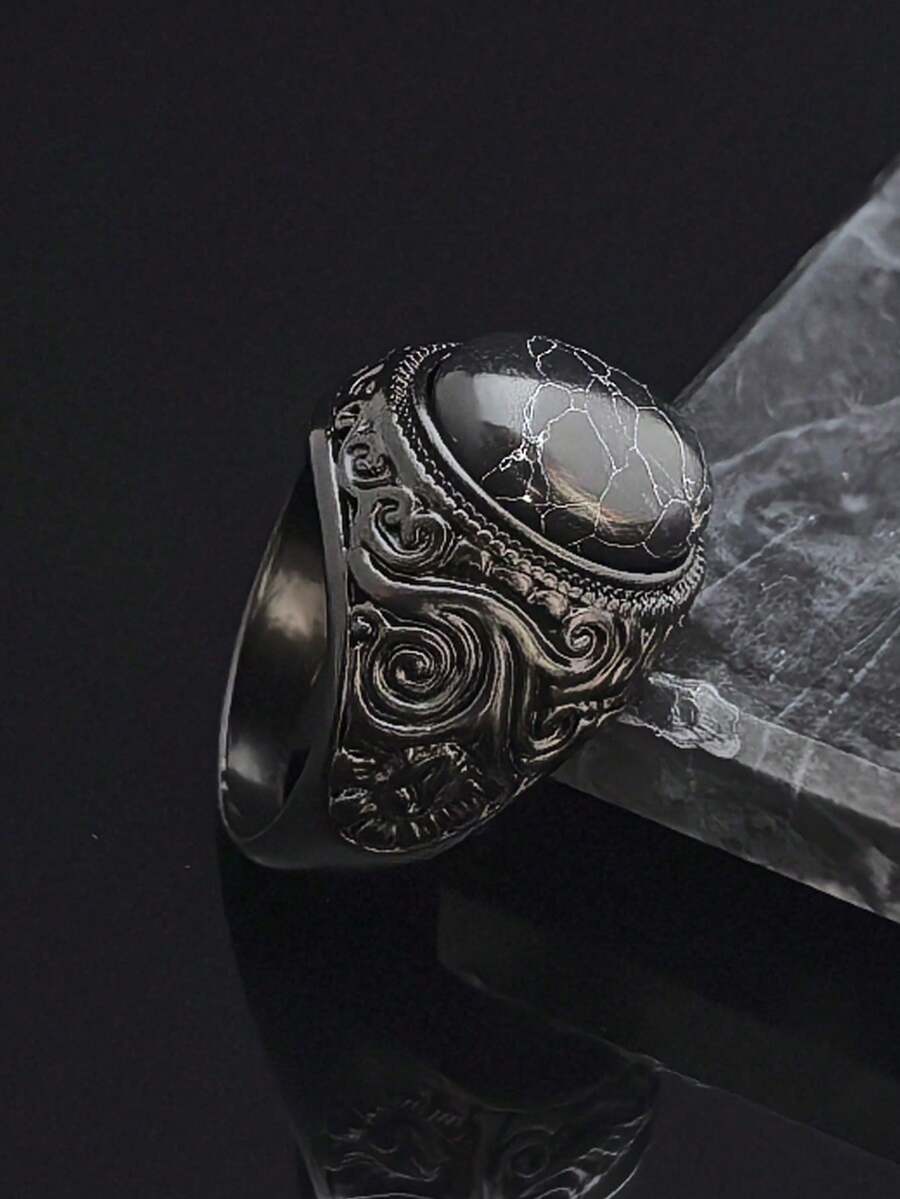 1件装 时尚黑色宝石高品质珠宝 316不锈钢戒指 经典黑色宝石男士戒指 - 黑色 - 查看 1