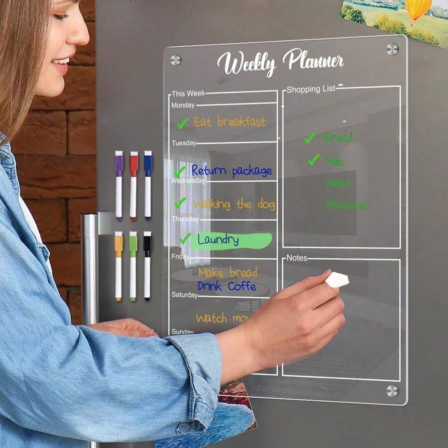 1 pièce Aimant de décoration de réfrigérateur pour planification des repas hebdomadaires (avec 6 marqueurs magnétiques pour tableau blanc aléatoires) Planificateur réutilisable, planificateur de repas hebdomadaire, tableau d'écriture transparent et effaçable pour mémos et rappels