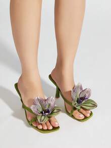 Spring/Summer Travel & Beach Green Satin Flower Decor Open Toe Stiletto High Heel Sandals - Green - View 11