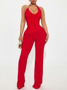 Balogun Summer Street Solid Color Slim Fit Two Piece Sets Halter Bandage Ruched Asymmetrical Tops Match Long Pants Casual Women Clothing - Đỏ - Xem 3