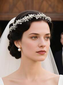 1件装水钻叶形锌合金新娘头箍，浪漫婚礼新娘伴娘皇冠发箍情人节配饰 - 銀色 - 查看 2