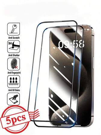 5Pcs High Phone Screen Protector With Tempered Glass, Compatible With IPhone 17 Pro Max/17 Pro/17 Air/17/16 Pro Max/16 Pro/16 Plus/16/15/15Plus/15Pro/15Pro Max/14/14Plus/14Pro/14Pro Max/13/13Mini/13Pro/13Pro Max/12/12Mini/12Pro/12Pro Max/11/11Pro/11Pro Max/X/XS/XS Max/8/8Plus/7/7Plus/ Screen Protectors Of Various Types, Such As Bubble Free, Scratch Resistant, Screen Protector, And Full Coverage Screen Glass Film