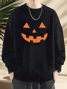 Men's Halloween Pumpkin Face Print Oversized Round Neck Sweatshirt - Beige & Orange Casual Pullover, Soft Comfortable Fabric, Machine Washable Fall Winter Warmth,Fall Hoodies,Men's Fall Clothes,Street Wear,Halloween,Mens Hoodies,Y2k Clothes,Jesus Hoodie,Thanksgiving Day,Nightmare Before Christmas,Christmas - 黑色 - 查看 1