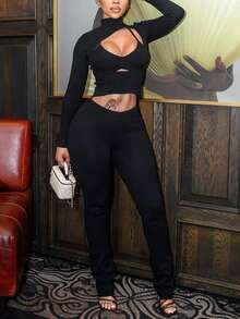 Women's Autumn New Fashion Hollow-Out Sexy High Collar Long Sleeve Top And Skinny Pants Set - Black - View 6