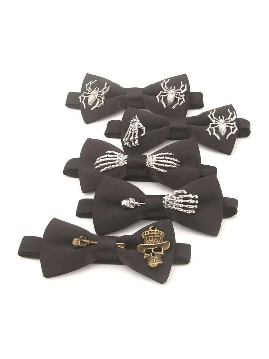 Personalized Men's Dark Goth Street Rock Halloween Spider Skull Decor Black Bow Tie