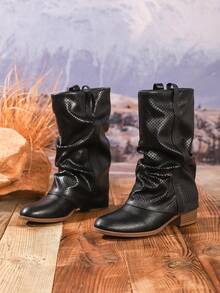 Botas Casuais Pretas Perfuradas de Cano Médio para Mulheres, Outono/Inverno, Salto Baixo Retrô Confortável para Uso Diário - Preto - Visão 5