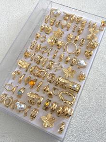 20/14/6 Stück Vintage, eleganter Blumen, geometrischer, Schleife, Herz, Perlen, Strass, glänzender, geometrischer, asymmetrischer, Falten, Kreuz, geflochtener, Harz, mehrschichtiger, quadratischer, runder, Cut Out Design übertriebener breiter Chunky Ring Set, Mode, minimalistisch, anmutig, zart, Retro Stil, geeignet für Feiertage, Partys, Dates, Geschenke, täglichen Gebrauch - Goldgelb - Übersicht 4