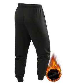 男士保暖运动裤，带抽绳腰带，拉链口袋，裤脚收口，保暖舒适，适合户外穿着，适合慢跑、露营、徒步旅行和其他户外活动 - 黑色 - 查看 2
