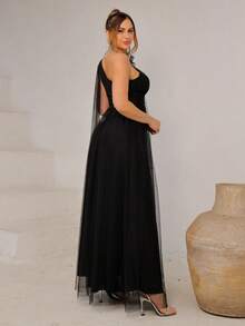 Long One-Shoulder Dress With Glittery Flower - Black - View 4