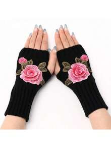 قفازات بدون أصابع أنيقة ذات طبعات زهرية، أغطية ذراع مصنوعة من الأكريليك الجديدة للنساء، قفازات نصف الأصابع دافئة للخريف/الشتاء
