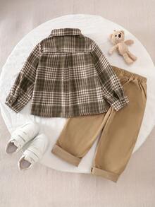 2pcs Boys Casual Plaid Long Sleeve Button-Up Shirt Jacket + Corduroy Solid Color Cargo Pants/Sweatpants Set, Boys Spring Autumn Outfit