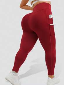 Quần legging thể thao yoga cỡ lớn, thiết kế 4 túi, kiểu dáng tôn dáng, cạp quần hai lớp, gấu quần có thể gập lại, phù hợp cho mùa xuân, hè, thu, đông. - Màu Đỏ Sâu - Xem 2