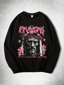 Men's Jesus Portrait Graphic Crewneck Sweatshirt - Beige Geometric Print Loose Fit Casual Pullover, Medium Stretch Round Neck Top For Autumn Winter, Winter Clothing, Edgy Religious Art, Nontransparent Fabric,Fall Hoodies,Men's Fall Clothes,Street Wear,Halloween,Mens Hoodies,Y2k Clothes,Jesus Hoodie,Thanksgiving Day,Nightmare Before Christmas,Christmas - 黑色 - 查看 1