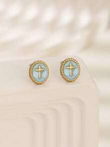 1 Pair Popular Multi-Color Stainless Steel Chain Cross Stud Earrings For Girls Kids Friends Party Glamorous Christian Ascension Day Jewelry Gift For Everyday Wear - Multicolor - View 7