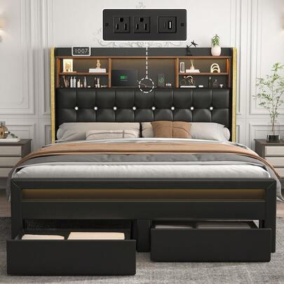 SIBEDS Queen Bed Frame With Bookcase Storage Headboard And 2 Drawers, 52" Ultra-High LED Full Size Bedframe With Charging Station, PU Leather Upholstered Crystal Button Tufted Wingback King Bed With Footboard, PU Leather Black