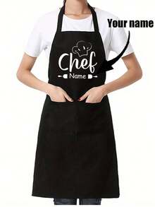 1pc Customized Black Kitchen Cooking Apron, Modern Polyester Oil-Proof Apron, Black Kitchen Apron, Polyester Apron For Garden, Kitchen And Housework Perfect For Home, Restaurant, And Kitchen Cooking