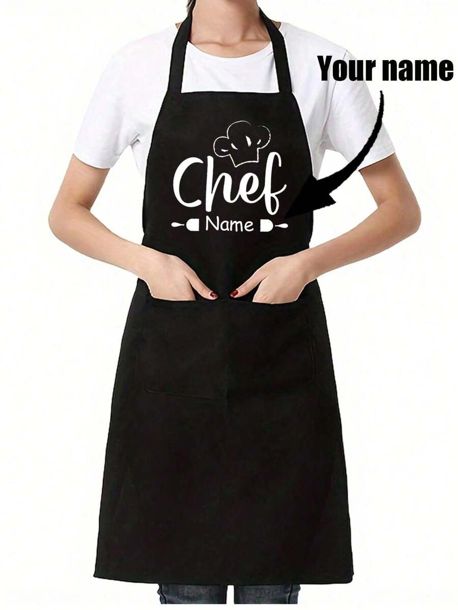 1pc Customized Black Kitchen Cooking Apron, Modern Polyester Oil-Proof Apron, Black Kitchen Apron, Polyester Apron For Garden, Kitchen And Housework Perfect For Home, Restaurant, And Kitchen Cooking