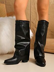 Women's Fashion Autumn/Winter Single Layer Lining Western Style Pull-On Buckle Closure Holiday Vacation Party Knee-High Boots, Black Pleated Shaft Chunky Heel Tall Boots