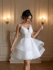 浪漫花卉贴花婚纱，白色吊带新娘礼服，优雅女士派对礼服，蕾丝亮片装饰舞会礼服，双层连衣裙返校节礼服（春季款） - 白色 - 查看 4