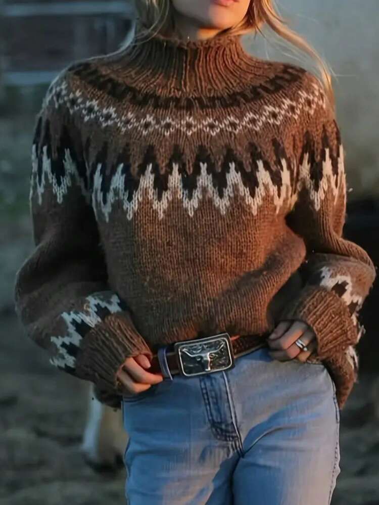 Suéter de mujer de estilo nórdico minimalista con bloques de color acanalado, para otoño/invierno - Multicolor - Añade 2