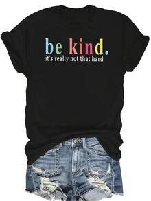 [Camiseta de Moda Casual] Camiseta de Mujer Suave y Cómoda - Cita Motivacional "Sé Amable" Casual de Manga Corta Cuello Redondo, Regalo Perfecto para Abuela y Mamá, Uso Casual de Primavera y Verano - Negro - Ver 1