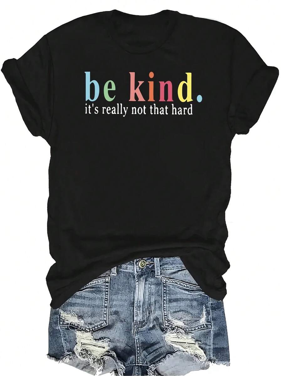 [Camiseta de Moda Casual] Camiseta de Mujer Suave y Cómoda - Cita Motivacional "Sé Amable" Casual de Manga Corta Cuello Redondo, Regalo Perfecto para Abuela y Mamá, Uso Casual de Primavera y Verano - Negro - Ver 1