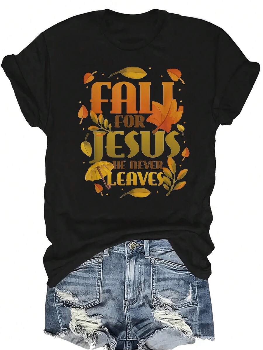 [Camiseta de moda casual] Camiseta suave y cómoda para mujer - Hojas de Jesús de otoño nunca Casual Manga corta Cuello redondo Parte superior, regalo perfecto para la abuela y la mamá, Ropa casual de primavera y verano - Negro - Ver 1