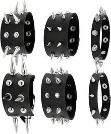 Eigso 3 Pcs Leather Punk Bracelets Men Women Of Rock Rivet Wrap Retro Spike Bracelet Adjustable - Black-6 Pcs 2 - View 12