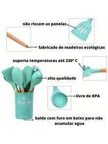 Silicone Kitchen Set Spoons Spatula 12 Pieces Wood Decoration - verde - Ver 5
