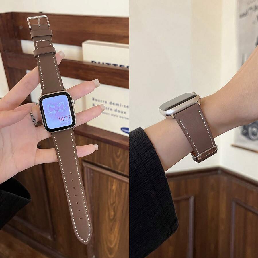 1 dây đeo đồng hồ bằng da thật, tương thích với Apple Watch, kiểu dáng nữ, có các màu vàng, đen, bạc, kiểu thể thao, phù hợp với kích thước 38mm, 40mm, 41mm, 42mm, 44mm, 45mm, 46mm, 49mm, tương thích với Apple Watch Ultra 10/9/8/7/6/5/4/3/2/1 SE Series - Gris Brown - Xem 1