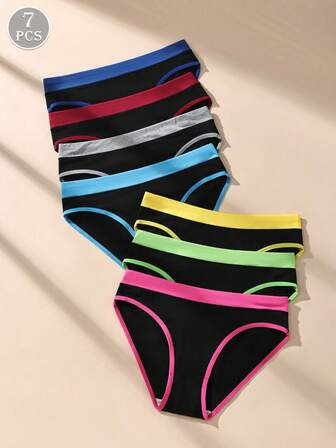 Set de 7 piezas/Paquete de Bragas triangulares de cintura media con contraste de color para mujer, shorts deportivos casuales cómodos y minimalistas, ropa interior suave y transpirable