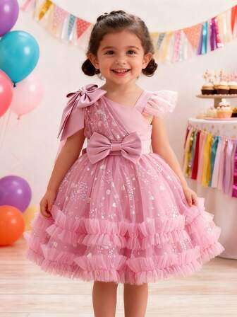 Young Girl's Bow Decor Mesh Contrast High-End Design Party Princess Dress