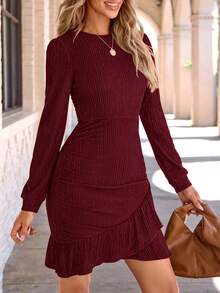 Women's Fall Ruched Bodycon Mini Dress Long Puff Sleeve Ruffle Fitted Cocktail Party Dresses - 酒紅色 - 查看 3