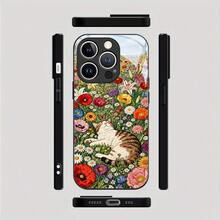 Cat And Butterfly In Flower Field 2D Pattern Glass Phone Case For IPhone Air 17 16 Pro Max 15 14 PLUS 13 12 11  Galaxy S25 S24 S23 S22 Ultra FE ,Full Body Protections Shockproof Cover Creativity Fashion - Black - View 6